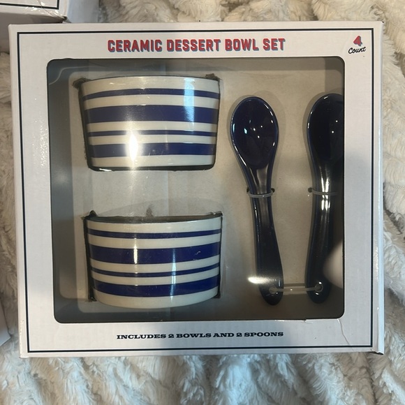 Ceramic Dessert Bowl Set with Spoons Nantucket Blue Stripes New in box - Picture 2 of 4